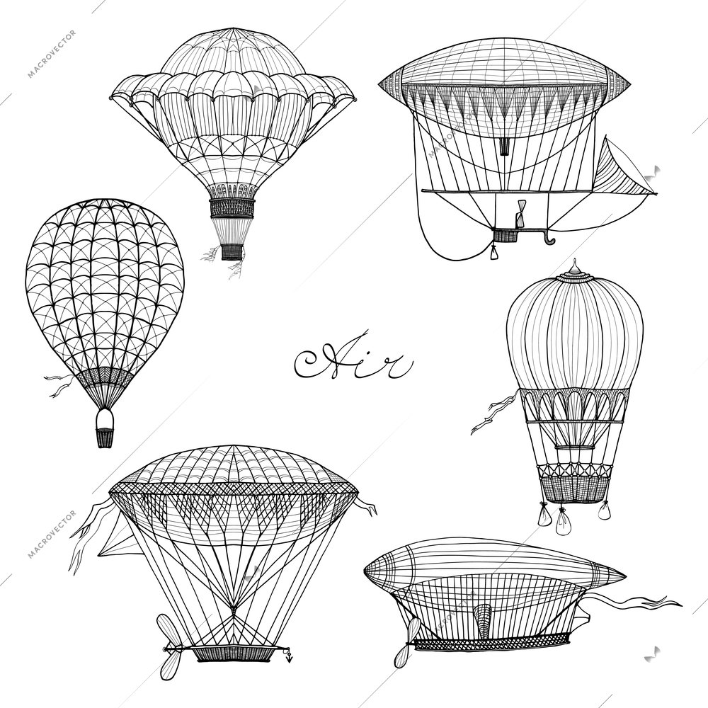 Old style balloon and airship doodle set isolated vector illustration