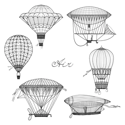 Old style balloon and airship doodle set isolated vector illustration