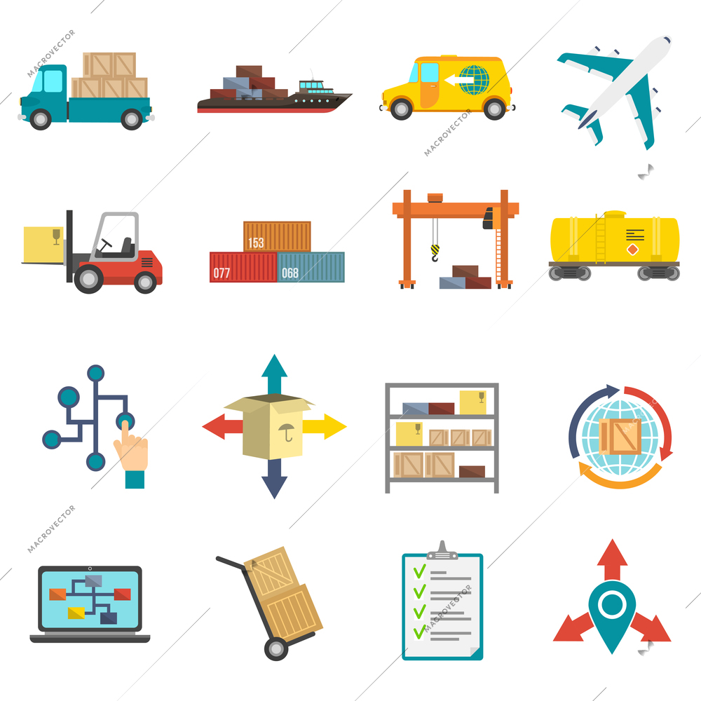 Logistics transportation and delivery flat icons set isolated vector illustration