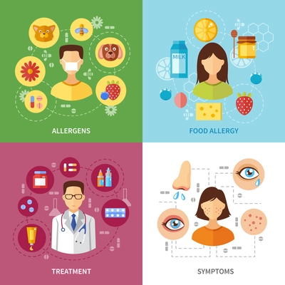 Various allergy types symptoms and treatment flat style concept vector illustration