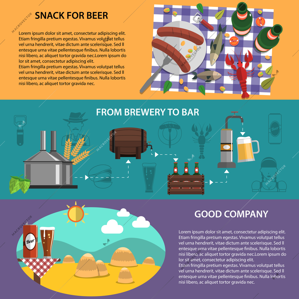 Horizontal banners set with beer snacks brewery bar and good company isolated vector illustration