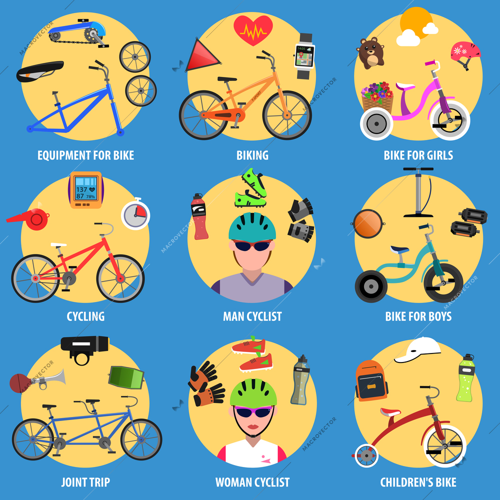 Bicycle decorative icons set with man and woman cyclists avatars isolated vector illustration