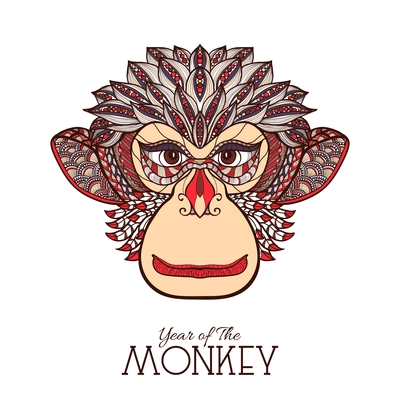 Colored monkey front view face hand drawn sketch vector illustration