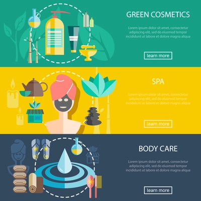 Spa and wellness horizontal banners set with cosmetics and body care flat isolated vector illustration