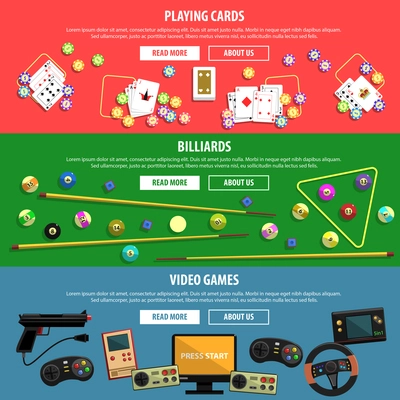 Games horizontal banners set with playing cards billiards and video flat isolated vector illustration