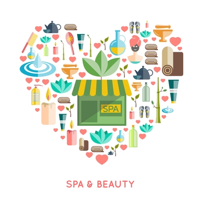 Spa and beauty concept in a heart shape with cosmetics and wellness symbols flat vector illustration