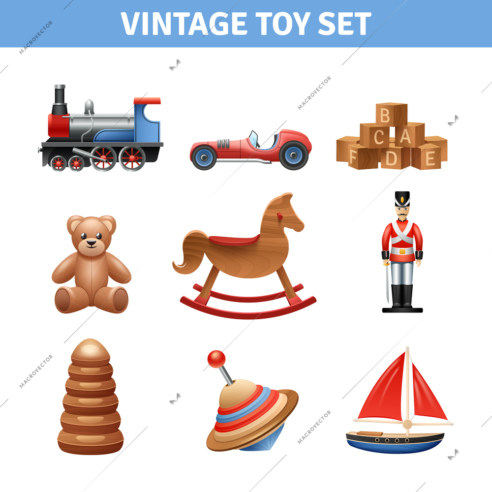 Vintage toy realistic icons set with teddy bear ship and soldier isolated vector illustration