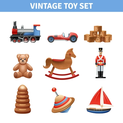 Vintage toy realistic icons set with teddy bear ship and soldier isolated vector illustration