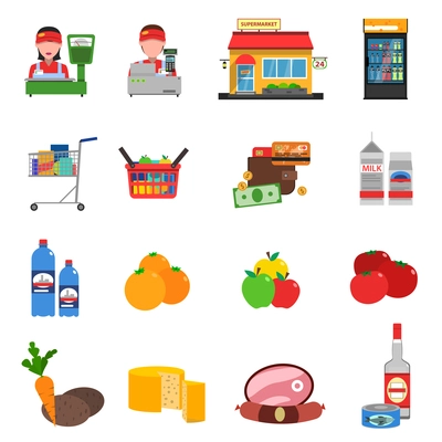Supermarket flat icons set with groceries cash register and money isolated vector illustration
