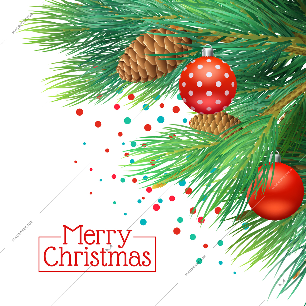 Christmas tree branches realistic background with cones and tree decorations vector illustration