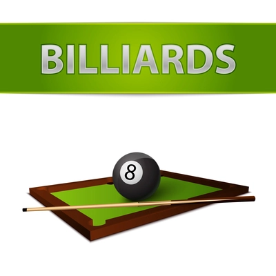 Realistic billiards ball with stick on green table emblem isolated vector illustration