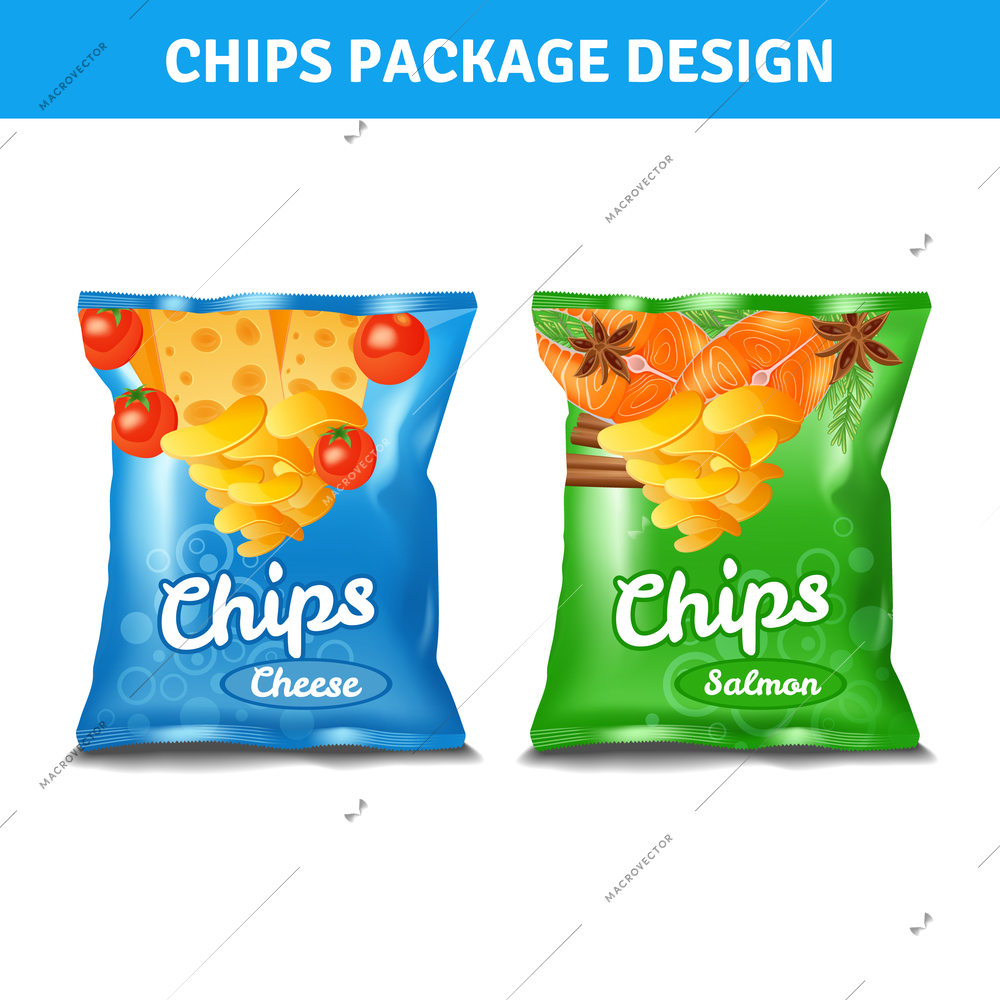 Chips color pack design for cheese and salmon tastes realistic isolated vector illustration