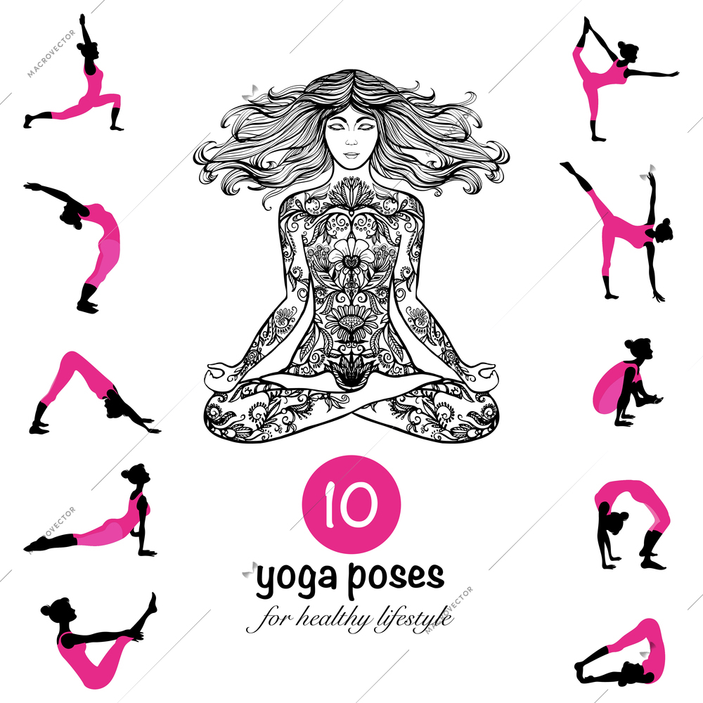 Ten essential yoga poses and techniques for healthy lifestyle pictograms composition banner black pink abstract vector illustration