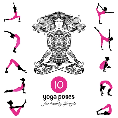 Ten essential yoga poses and techniques for healthy lifestyle pictograms composition banner black pink abstract vector illustration