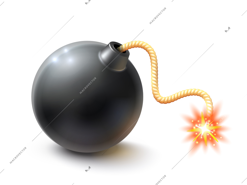 Realistic retro bomb with burning wick isolated on white background vector illustration