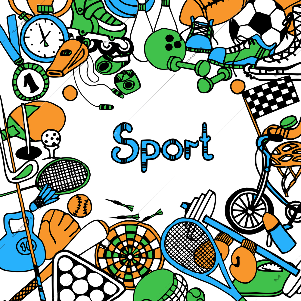 Sport sketch frame with fitness game and competition equipment vector illustration