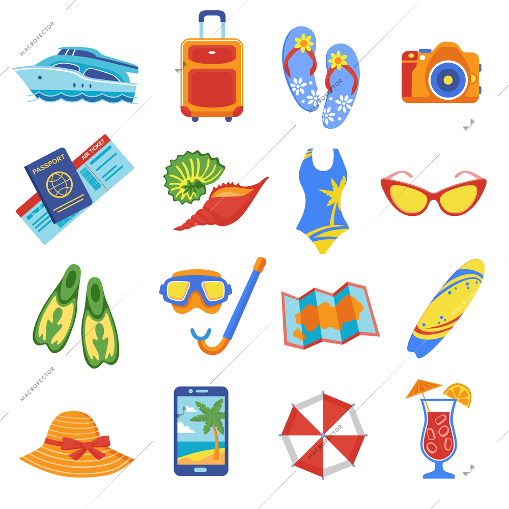 Summer holiday tropical beach vacation flat icons set with diving snorkel mask flippers equipment abstract vector illustration