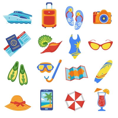 Summer holiday tropical beach vacation flat icons set with diving snorkel mask flippers equipment abstract vector illustration