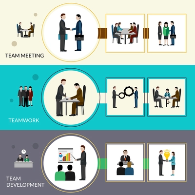 Teamwork horizontal banner set with meeting and development elements isolated vector illustration