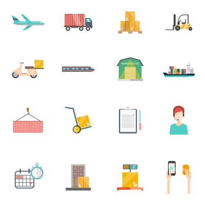 Logistics icons set with transportation storage and time symbols flat isolated vector illustration