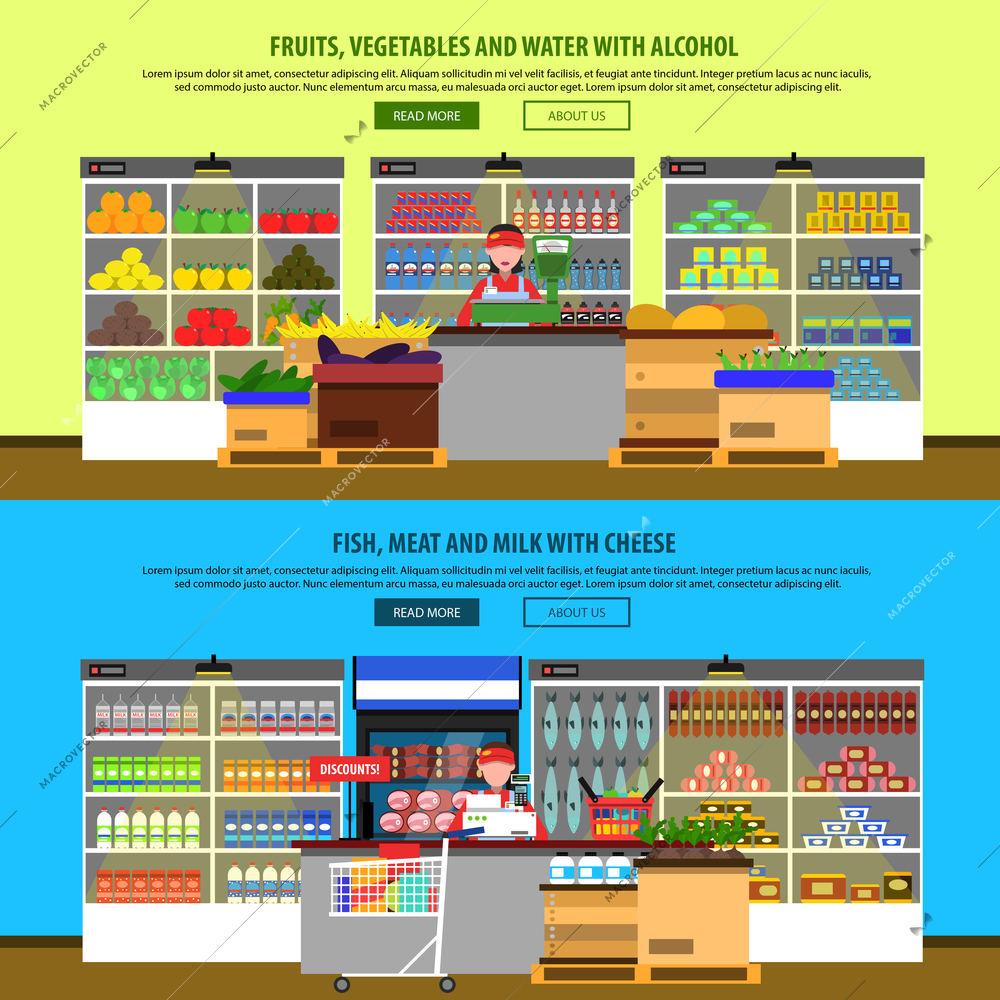 Supermarket interior horizontal banners set with groceries and foodstuff on shelves isolated vector illustration