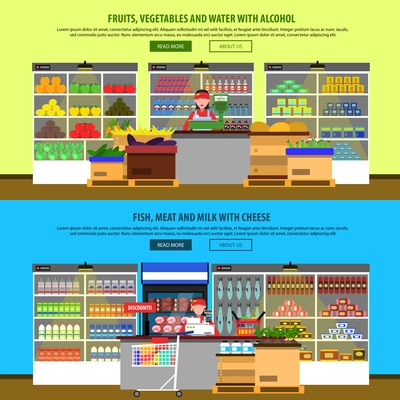 Supermarket interior horizontal banners set with groceries and foodstuff on shelves isolated vector illustration