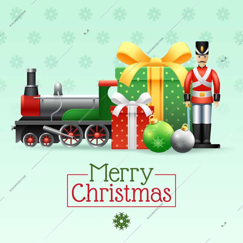 Christmas vintage realistic toys set with boxes toy soldier train and snowflakes vector illustration