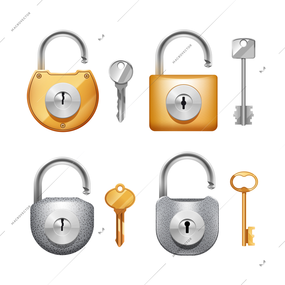 Metal padlocks and keys in different shapes realistic set isolated vector illustration