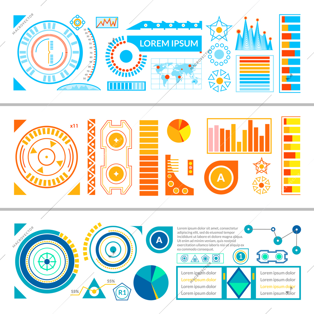 HUD interface horizontal banners set with different color virtual panel templates flat isolated vector illustration