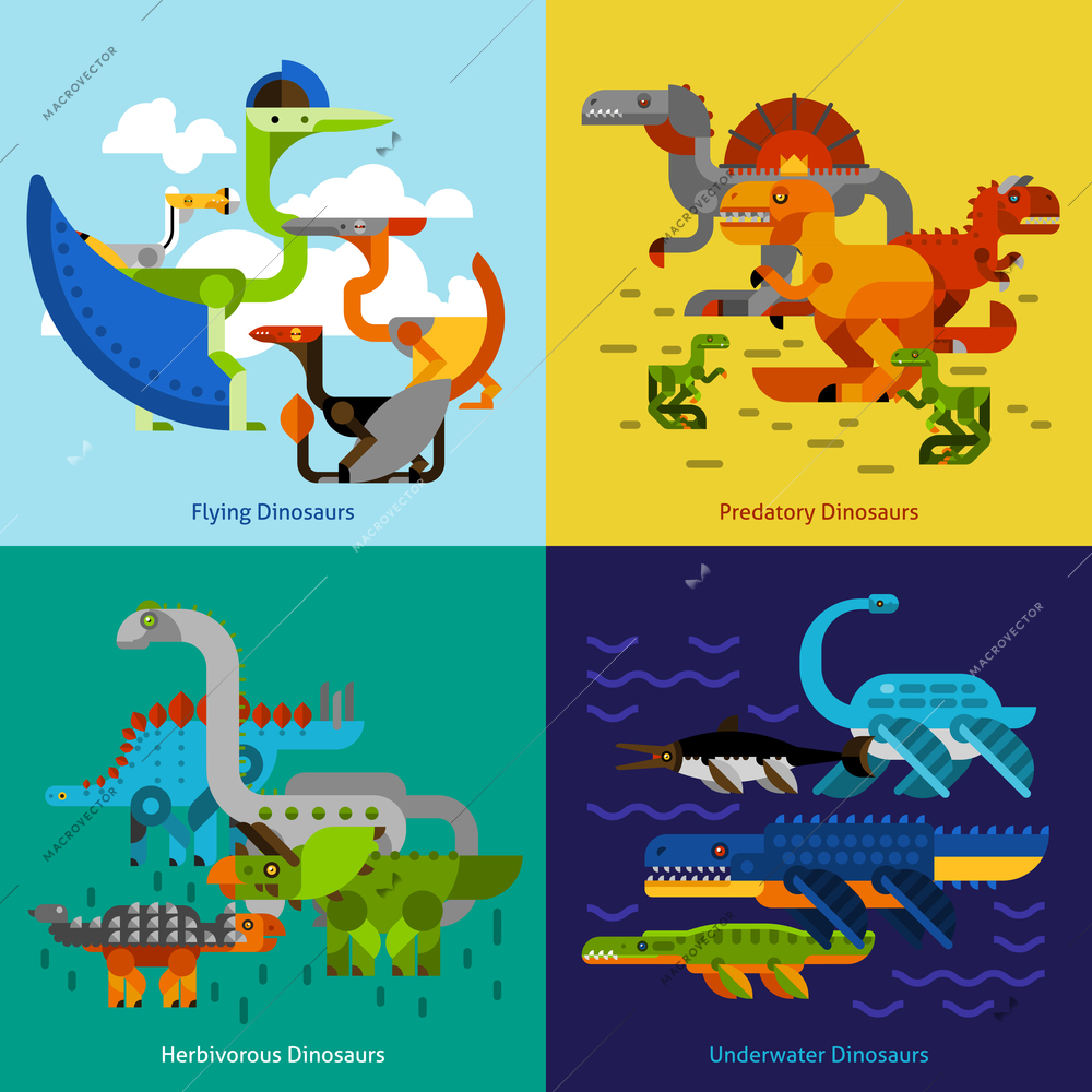 Dinosaur design concept set with flying underwater predatory prehistoric animals flat icons isolated vector illustration