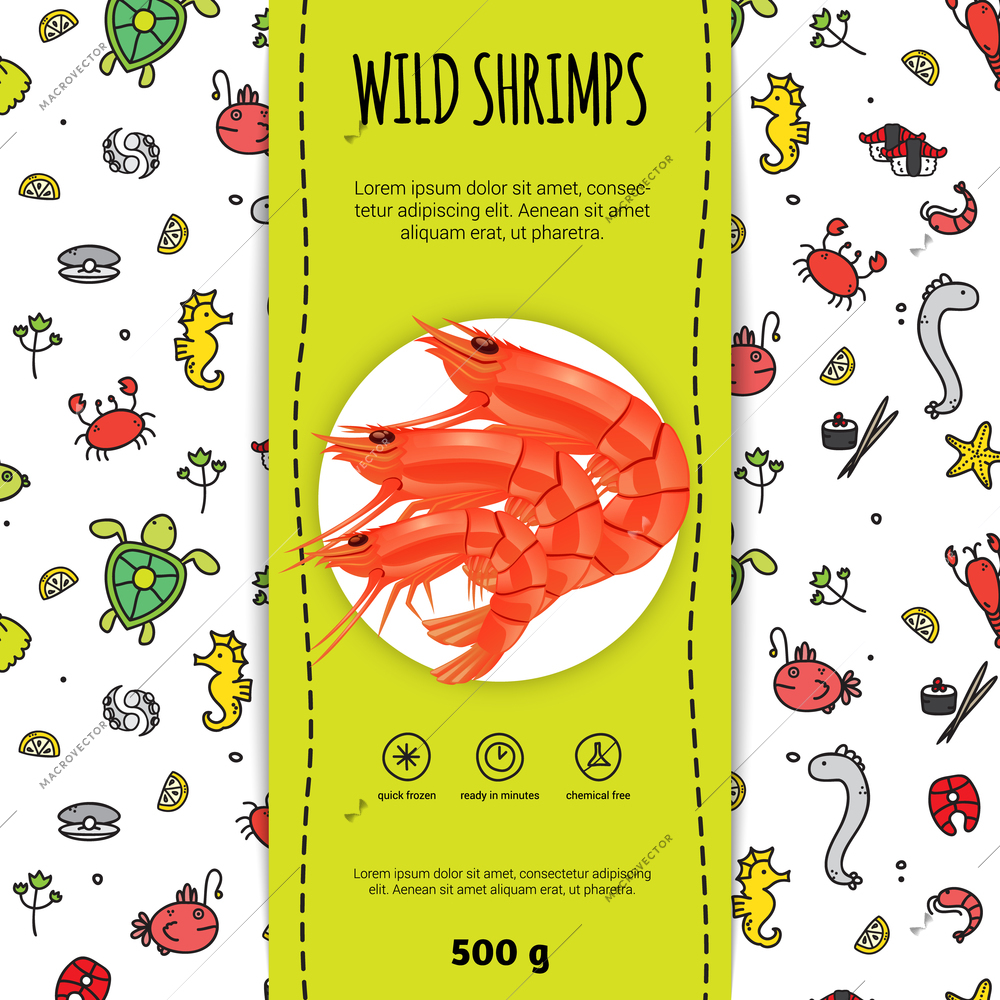 Seafood packaging design for wild shrimps with plate flat vector illustration