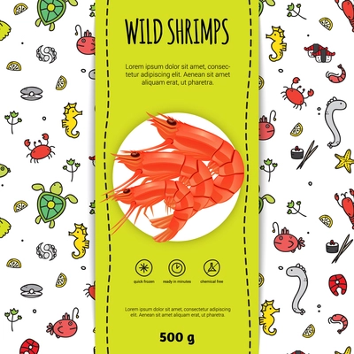 Seafood packaging design for wild shrimps with plate flat vector illustration