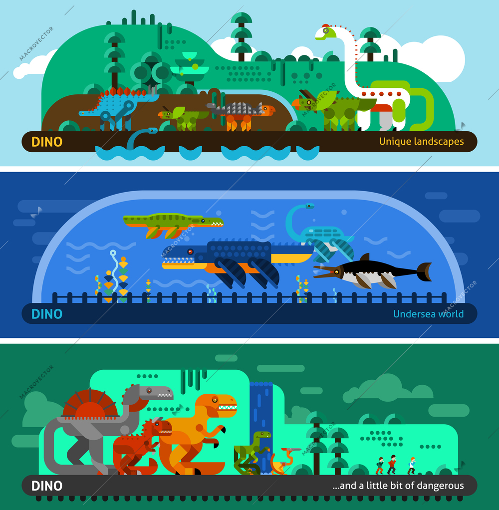 Dinosaur horizontal banner set with prehistoric predators flat elements isolated vector illustration