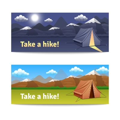 Adventure and hike realistic horizontal banners set with tent and mountains isolated vector illustration