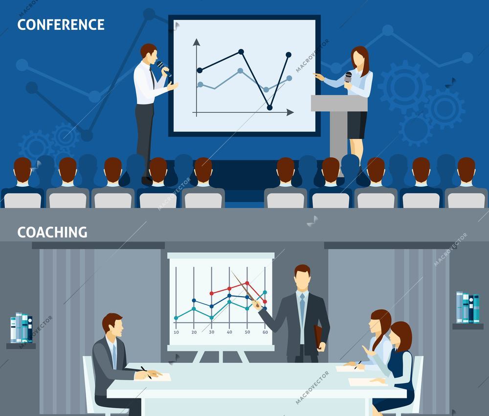 Public speaking skills improvement for business people 2 flat horizontal banners composition poster abstract isolated vector illustration