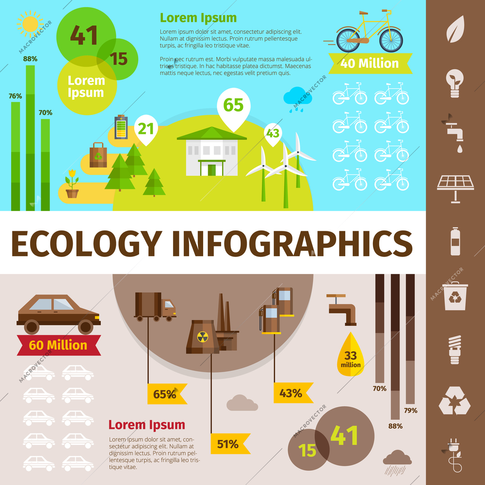 Ecology infographic set with nature and pollution symbols flat vector illustration