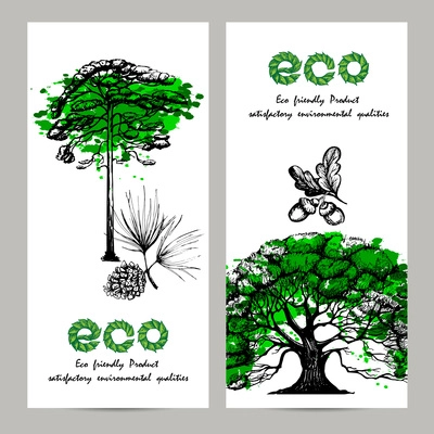 Ecology vertical banner set with hand drawn oak and pine trees isolated vector illustration