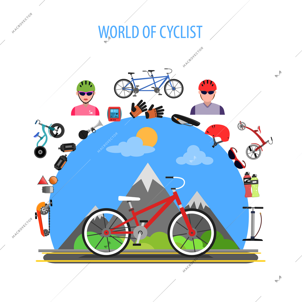 Cycling concept with bike and bicycle sport flat icons set vector illustration