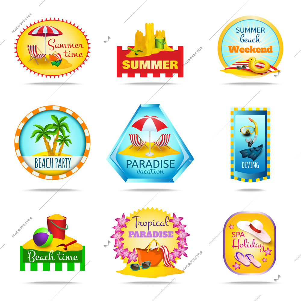 Vacation and summer cartoon emblems set with diving party and spa isolated vector illustration