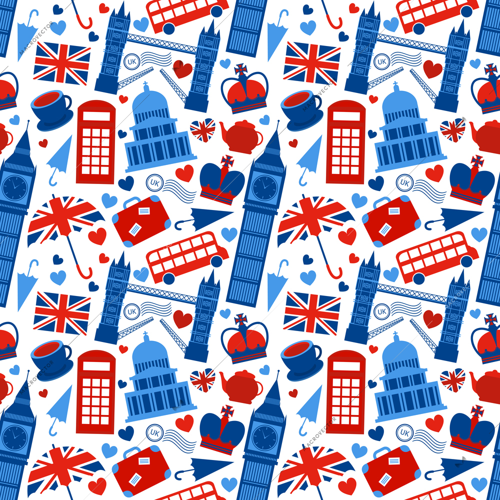 Seamless pattern background with London landmarks and Britain symbols vector illustration