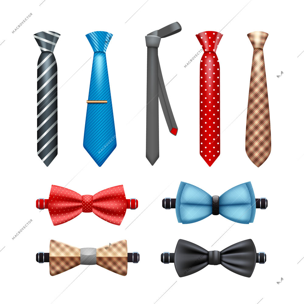 Tie and bow tie realistic set in different shapes and colors isolated vector illustration