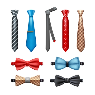 Tie and bow tie realistic set in different shapes and colors isolated vector illustration