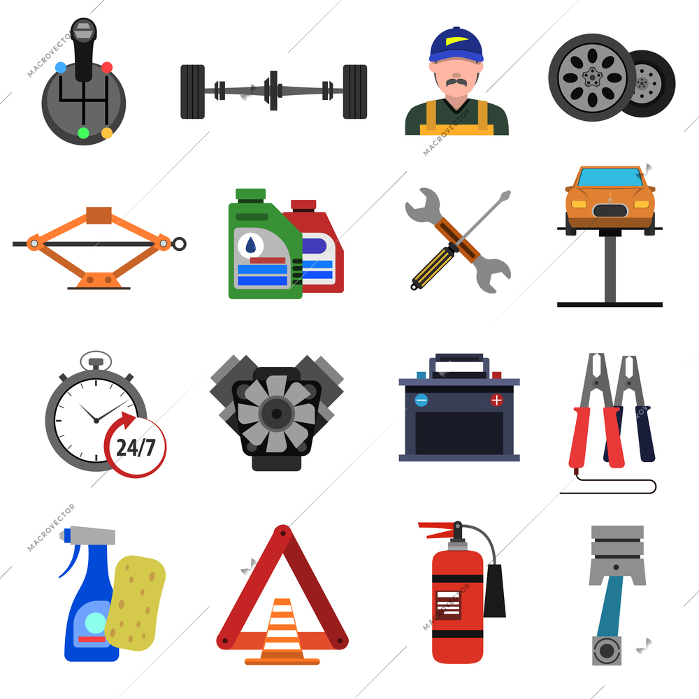 Car service icons flat set with auto repair symbols isolated vector illustration