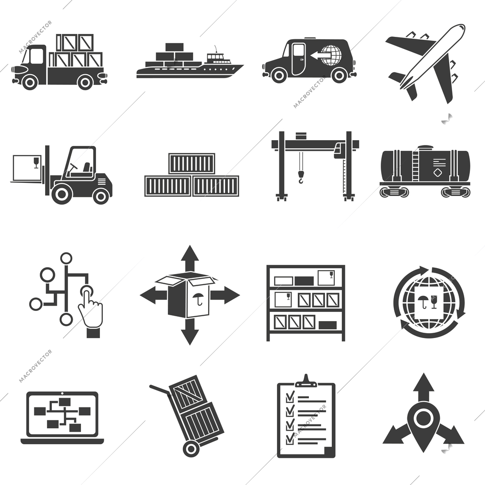 Logistic package and freight black icons set isolated vector illustration