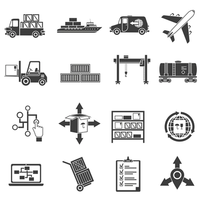 Logistic package and freight black icons set isolated vector illustration