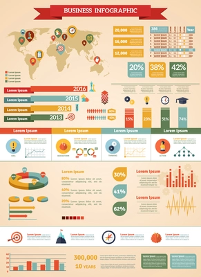 Business strategy infographic set with map percentage and figures flat vector illustration