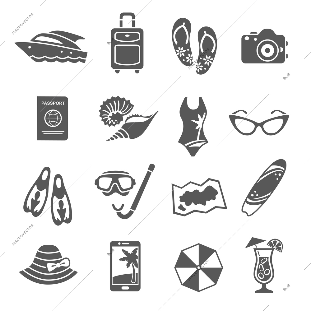 Summer holiday travel agency black icons set with tropical  island symbols and accessories abstract  isolated vector illustration