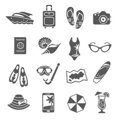 Summer holiday travel agency black icons set with tropical  island symbols and accessories abstract  isolated vector illustration