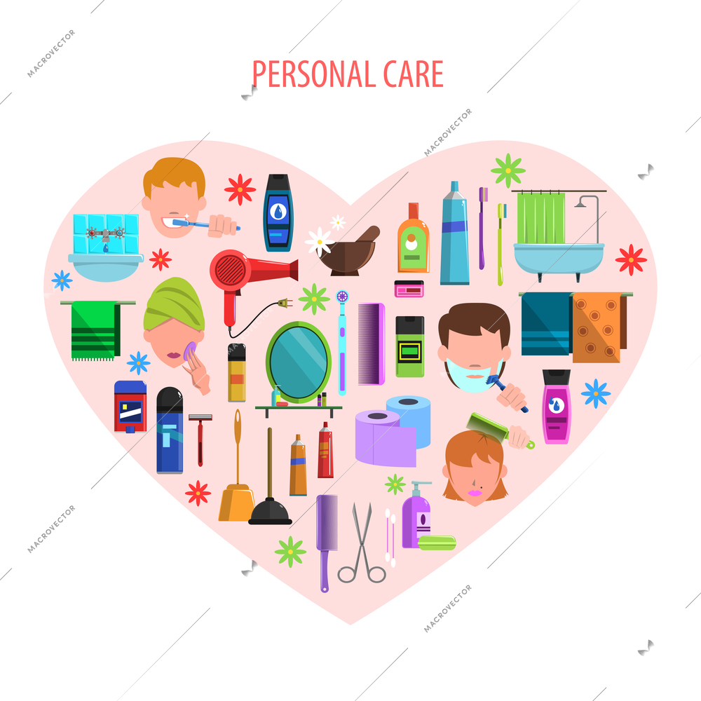 Personal morning care products set for romantic valentine day in heart form poster flat abstract  vector illustration