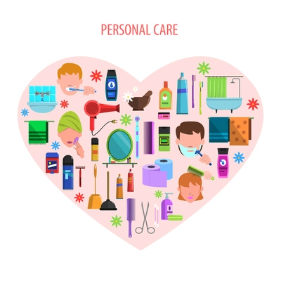 Personal morning care products set for romantic valentine day in heart form poster flat abstract  vector illustration